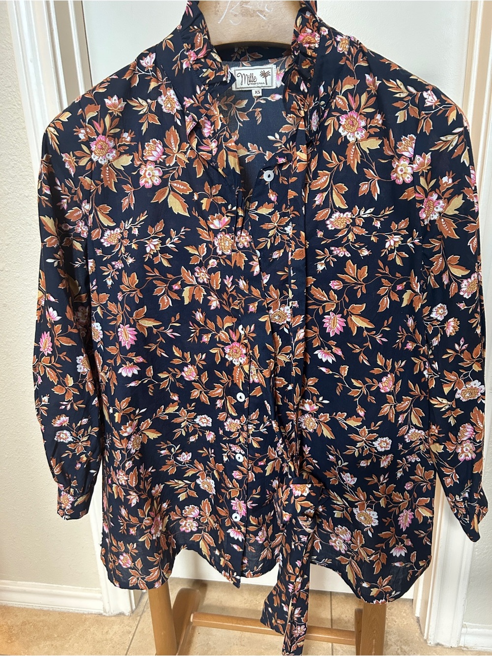 Mille Navy Floral Button-Down Blouse